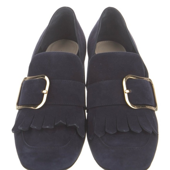 Prada Blue and Gold Loafers with Fringe Detail - Picture 1 of 3
